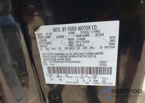 2007 Ford F-150 Lariat/Xlt from USA, damaged, VIN 1FTPW12V17KD38582